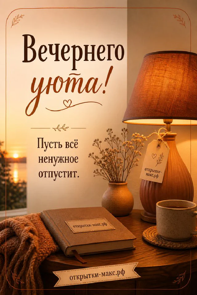 Чашка кофе, коричневый ежедневник и настольная лампа у окна с закатом, надпись Вечернего уюта — вариант 7