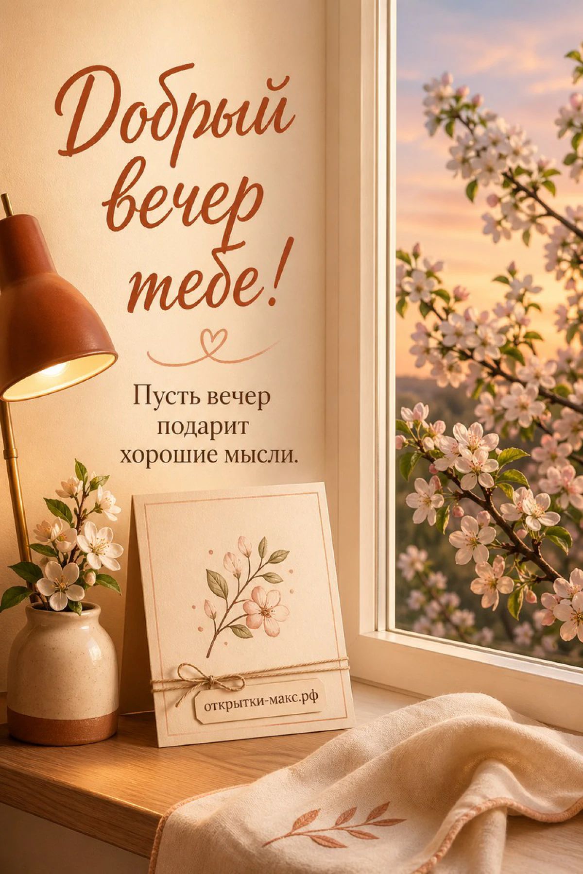 Ботаническая открытка с цветущими ветвями у весеннего окна с цветущей яблоней и настольная лампа