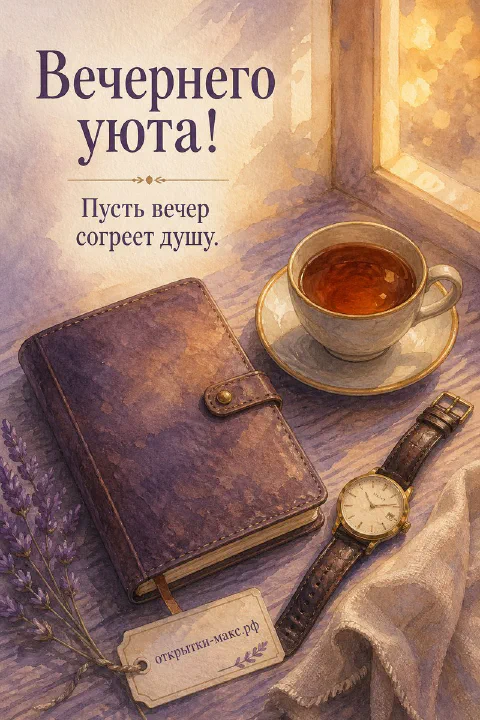 Акварельный лиловый ежедневник на застёжке, чашка чёрного чая в блюдце и наручные часы у окна