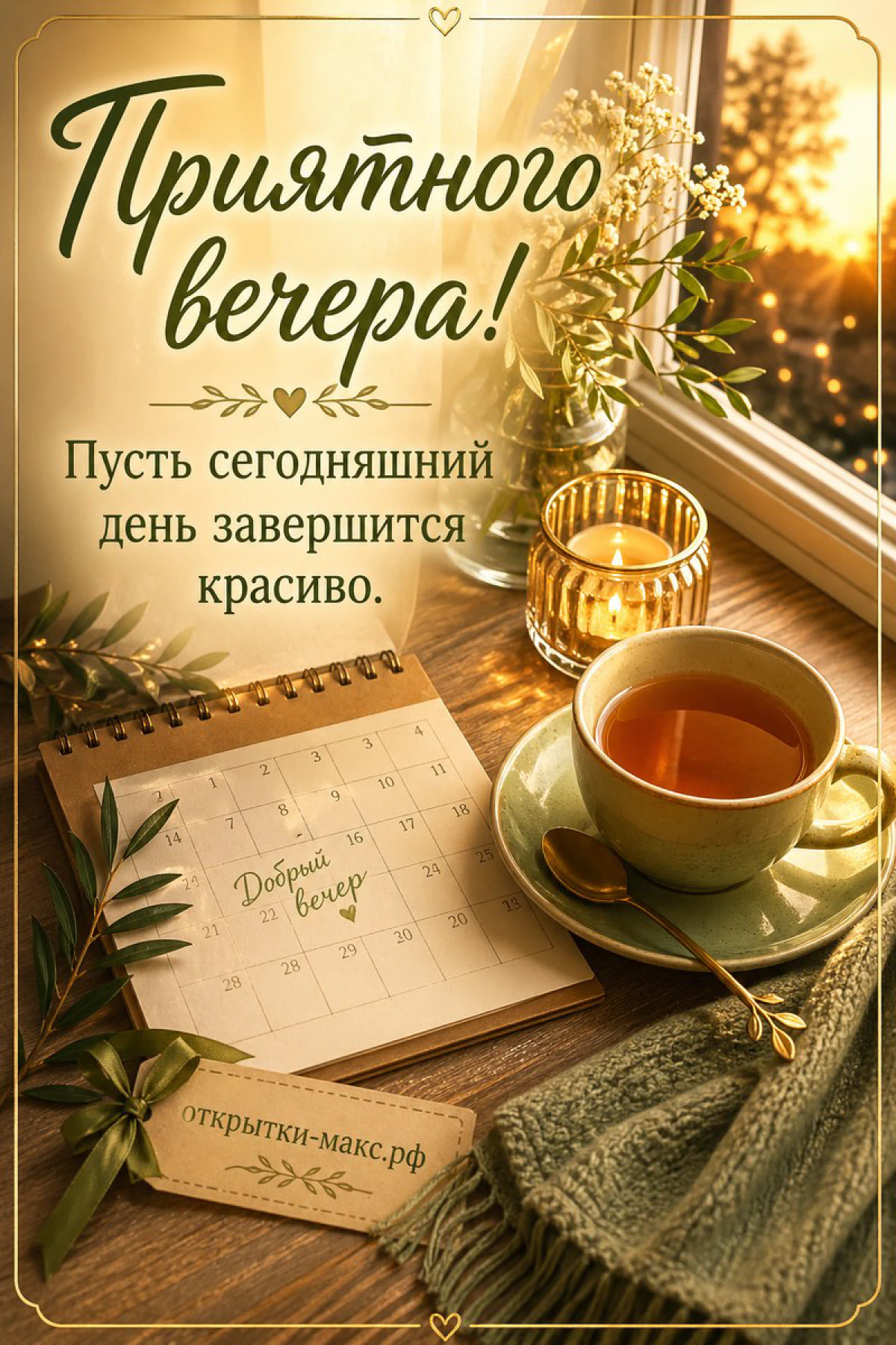 Настольный календарь с пометкой «Добрый вечер», кружка с чаем и свеча у вечернего окна