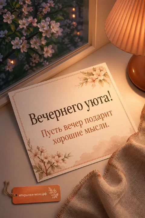 Карточка «Вечернего уюта!» на подоконнике у окна с цветущей яблоней и настольная лампа