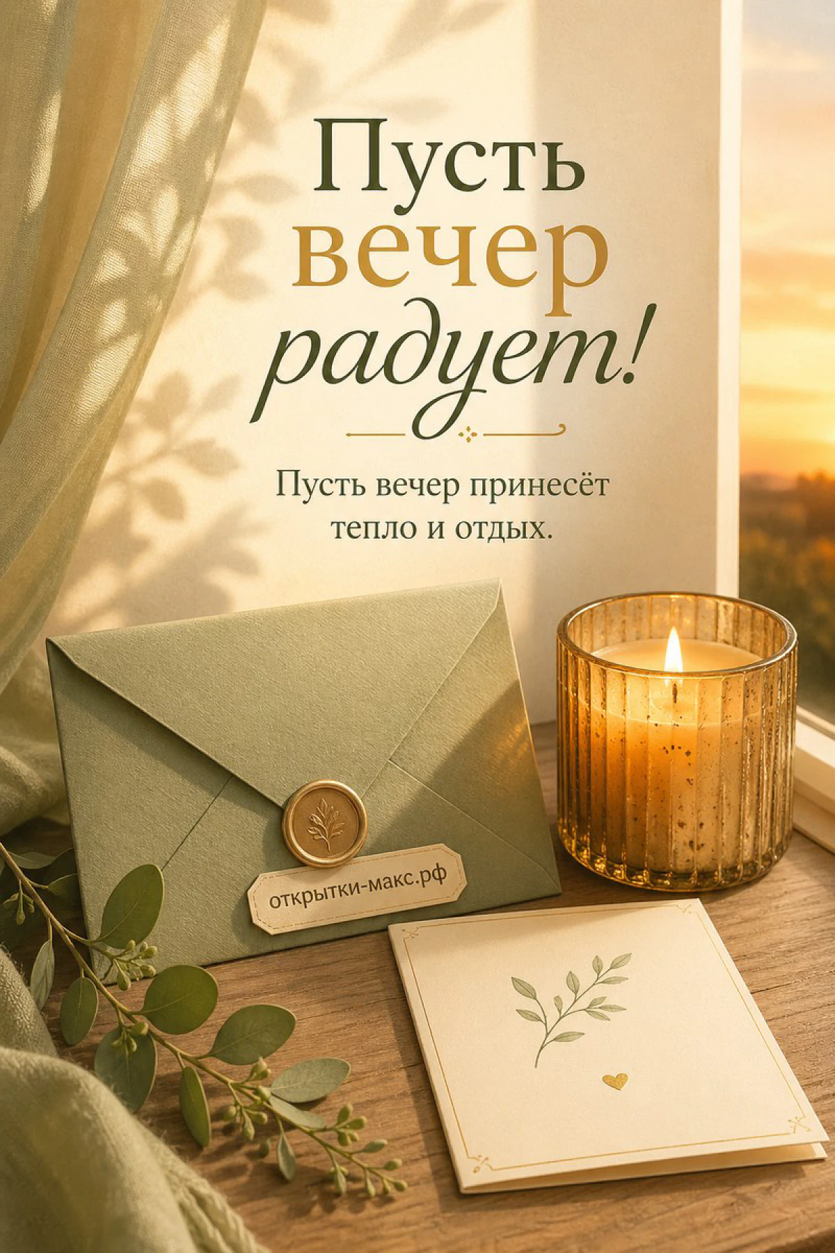 Зелёный конверт с золотым сургучом, горящая свеча в янтарном рифлёном стакане и маленькая ботаническая открытка у закатного окна