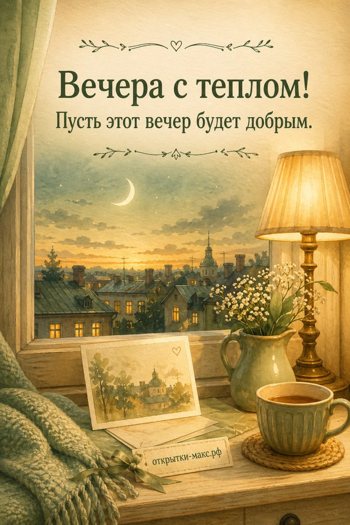 Акварельный подоконник с кружкой чая, фарфоровым кувшином с гипсофилой и акварельной открыткой с городом