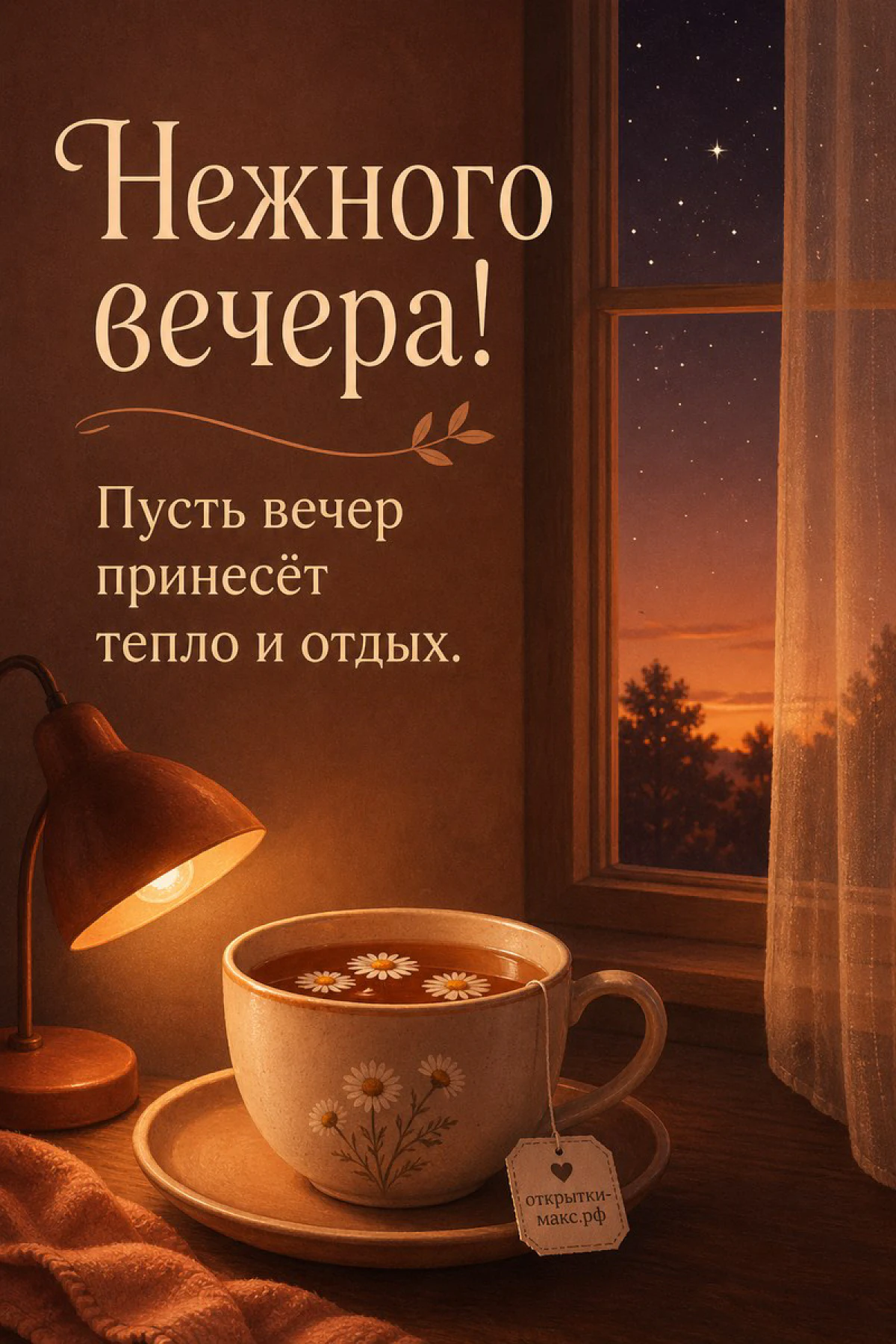 Тёплая настольная лампа и большая кружка с ромашковым чаем на блюдечке у ночного окна со звёздным небом