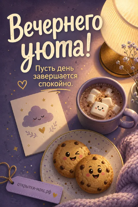 Пушистый котёнок в вязаном пледе, розовые тапочки с сердечком и кружка с какао