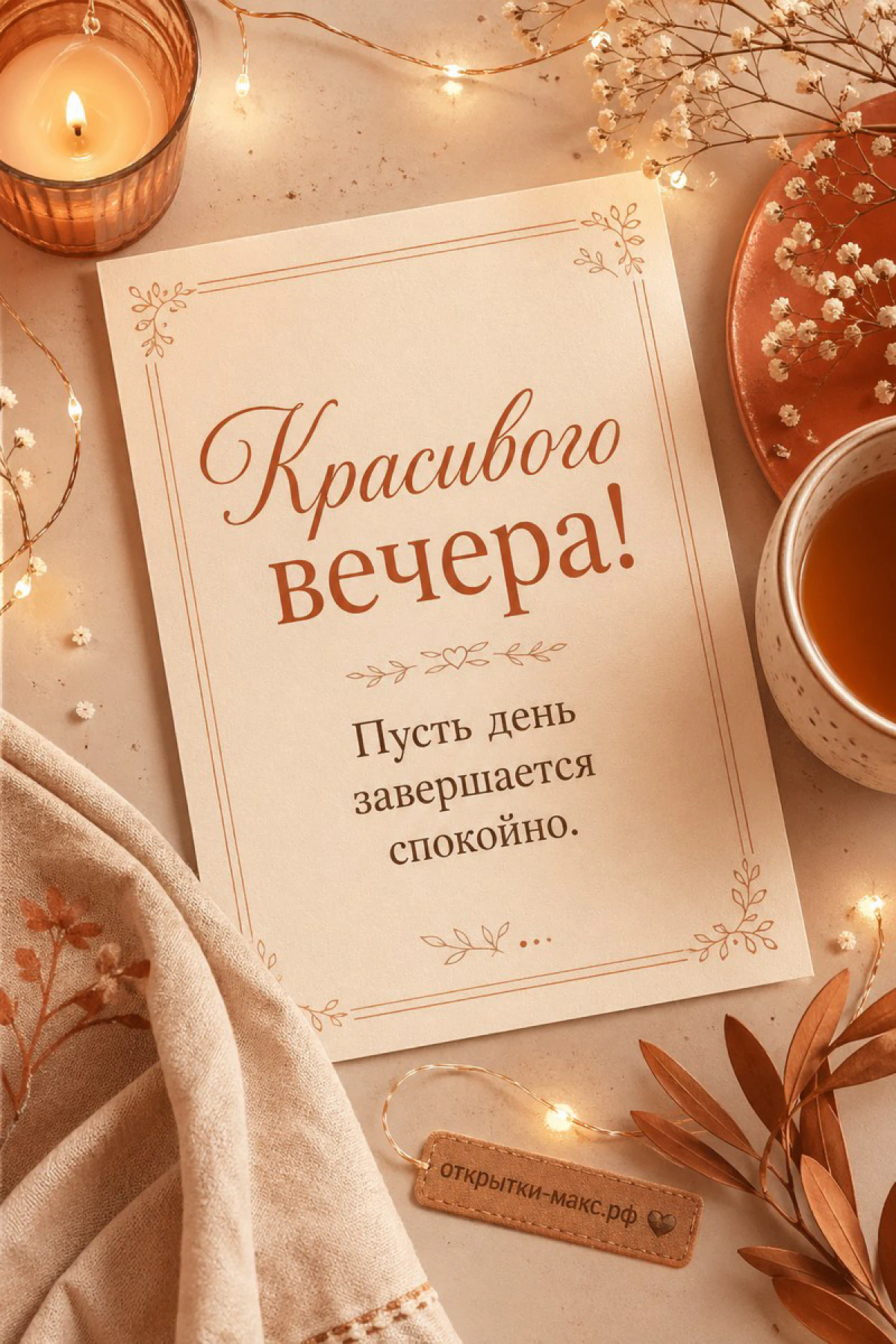 Карточка «Красивого вечера!», горящая свеча в стеклянном стакане, терракотовая тарелочка и сухоцветы