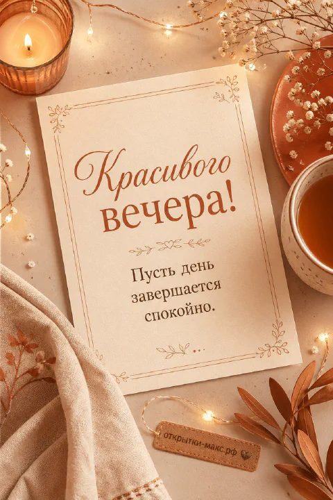 Карточка «Красивого вечера!», горящая свеча в стеклянном стакане, терракотовая тарелочка и сухоцветы