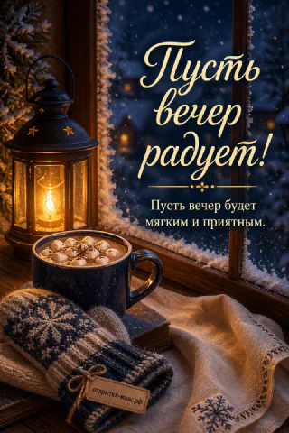 Бронзовый фонарь с огоньком, вязаные варежки с узором и кружка у заснеженного окна