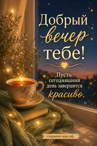 Фарфоровая чашка чая на закрытой книге у ночного окна с искорками, ваза с эвкалиптом и вязаный плед