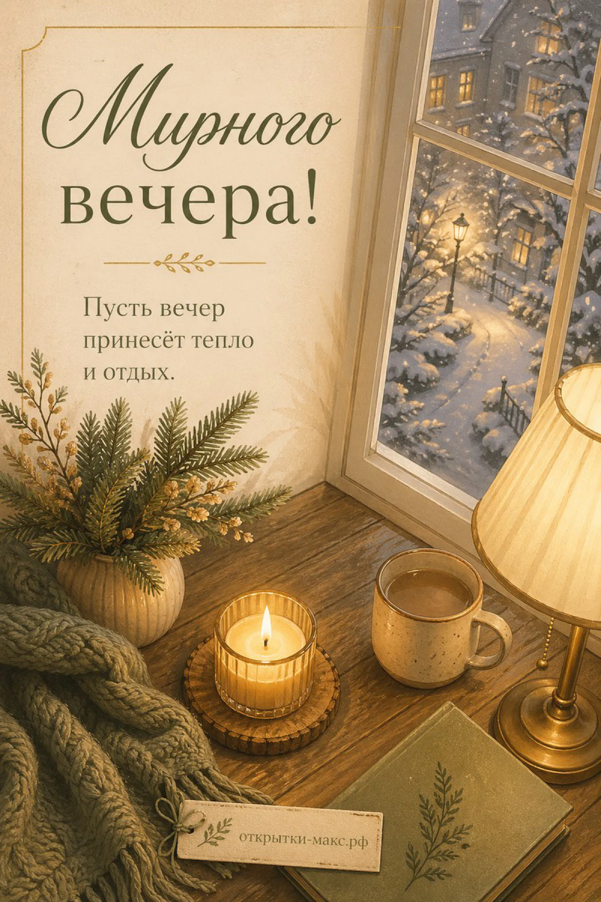 Карточка «Мирного вечера!» рядом с хвоей в вазе, горящей свечой, кружкой чая и лампой у заснеженного окна