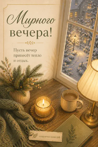 Карточка «Мирного вечера!» рядом с хвоей в вазе, горящей свечой, кружкой чая и лампой у заснеженного окна