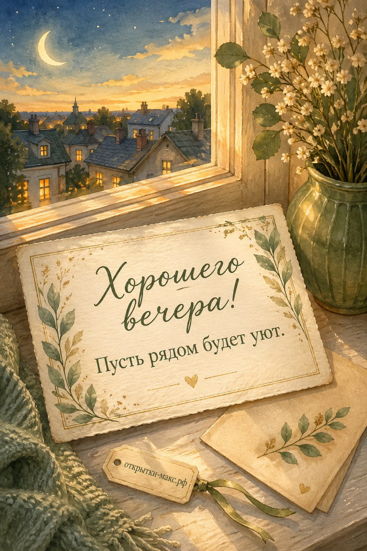 Вечерний город с месяцем за деревянным окном, старинная открытка и ваза с цветами