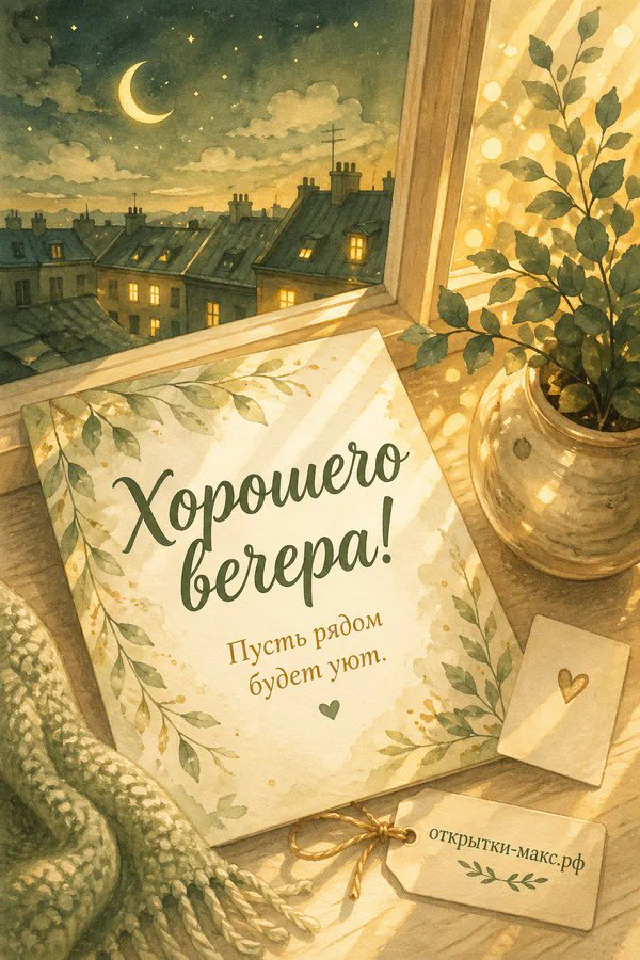 Вечерний город с месяцем за деревянным окном, старинная открытка и ваза с цветами — вариант 2