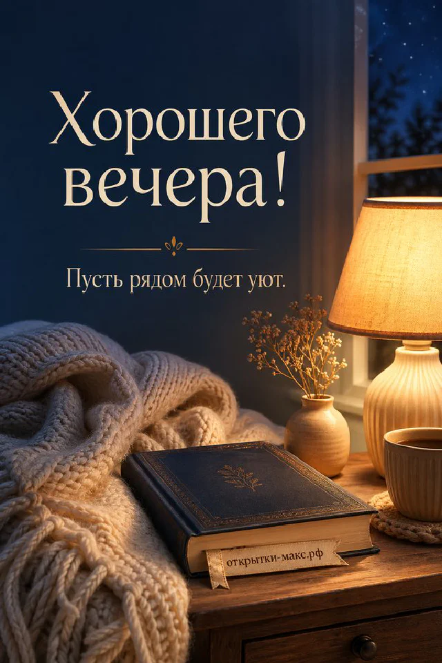 Вечерний город с месяцем за деревянным окном, старинная открытка и ваза с цветами — вариант 3