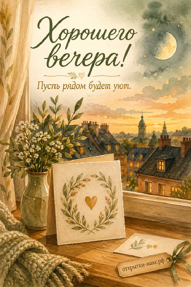 Вечерний город с месяцем за деревянным окном, старинная открытка и ваза с цветами — вариант 4