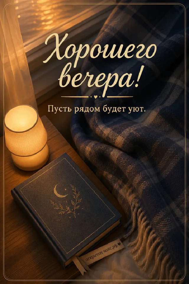 Вечерний город с месяцем за деревянным окном, старинная открытка и ваза с цветами — вариант 5