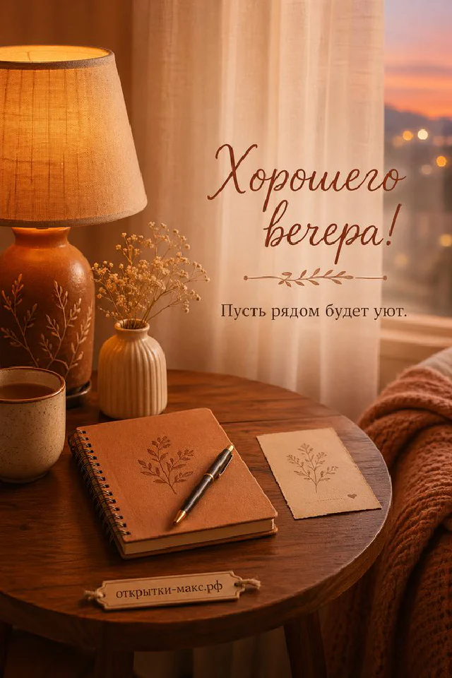 Вечерний город с месяцем за деревянным окном, старинная открытка и ваза с цветами — вариант 7