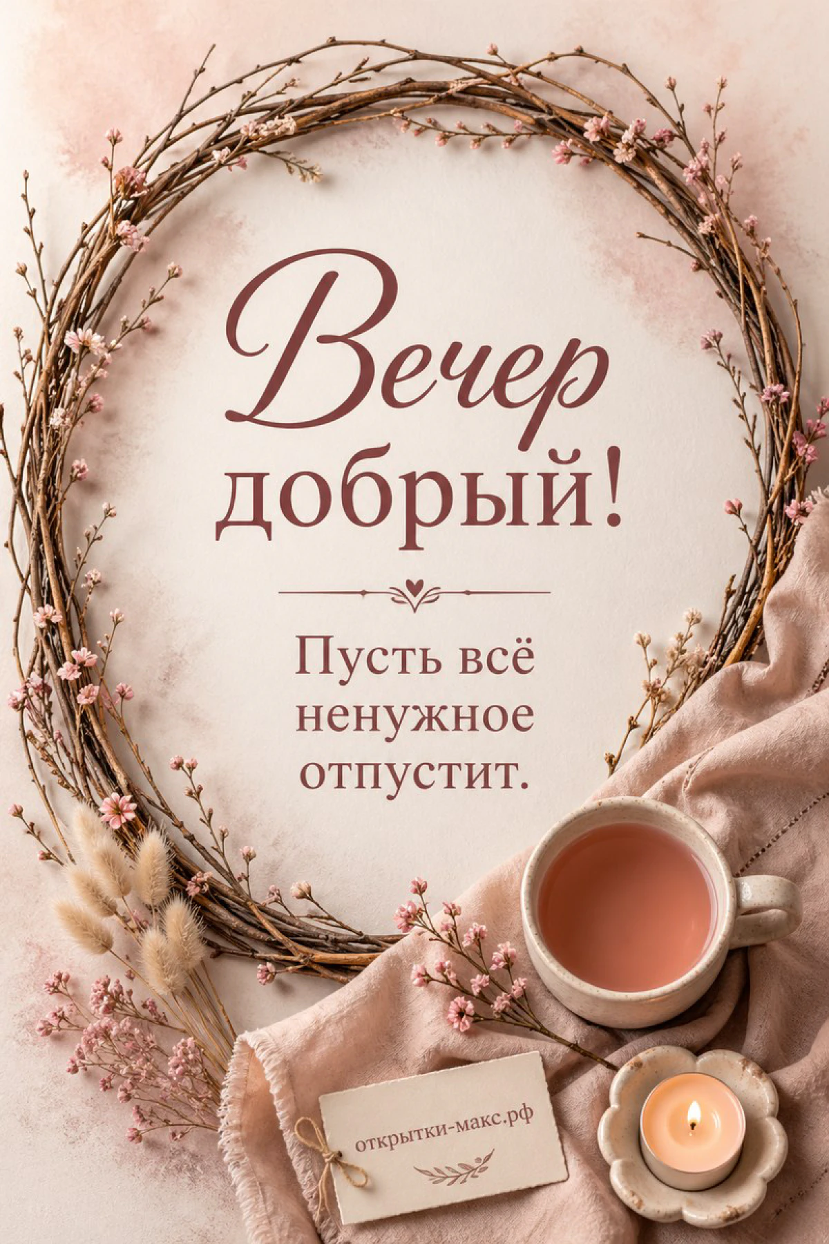 Цветущий венок из тонких веток с розовыми цветами, чашка розового чая и горящая свеча на бежевом фоне