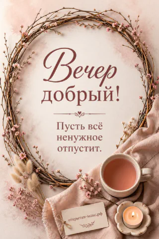Цветущий венок из тонких веток с розовыми цветами, чашка розового чая и горящая свеча на бежевом фоне