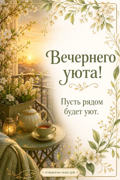 Белый чайник и чашка на балконном столике с белыми цветами на фоне золотого заката