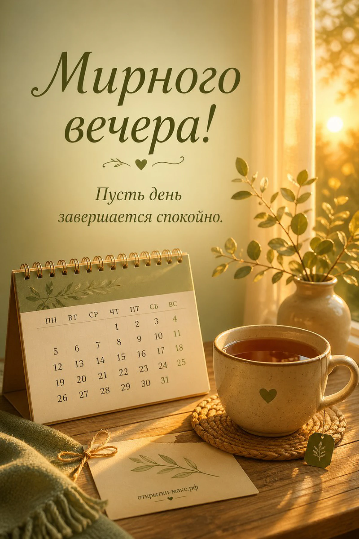 Настольный календарь с зелёным декором, кружка чая с сердечком и открытка с веточкой