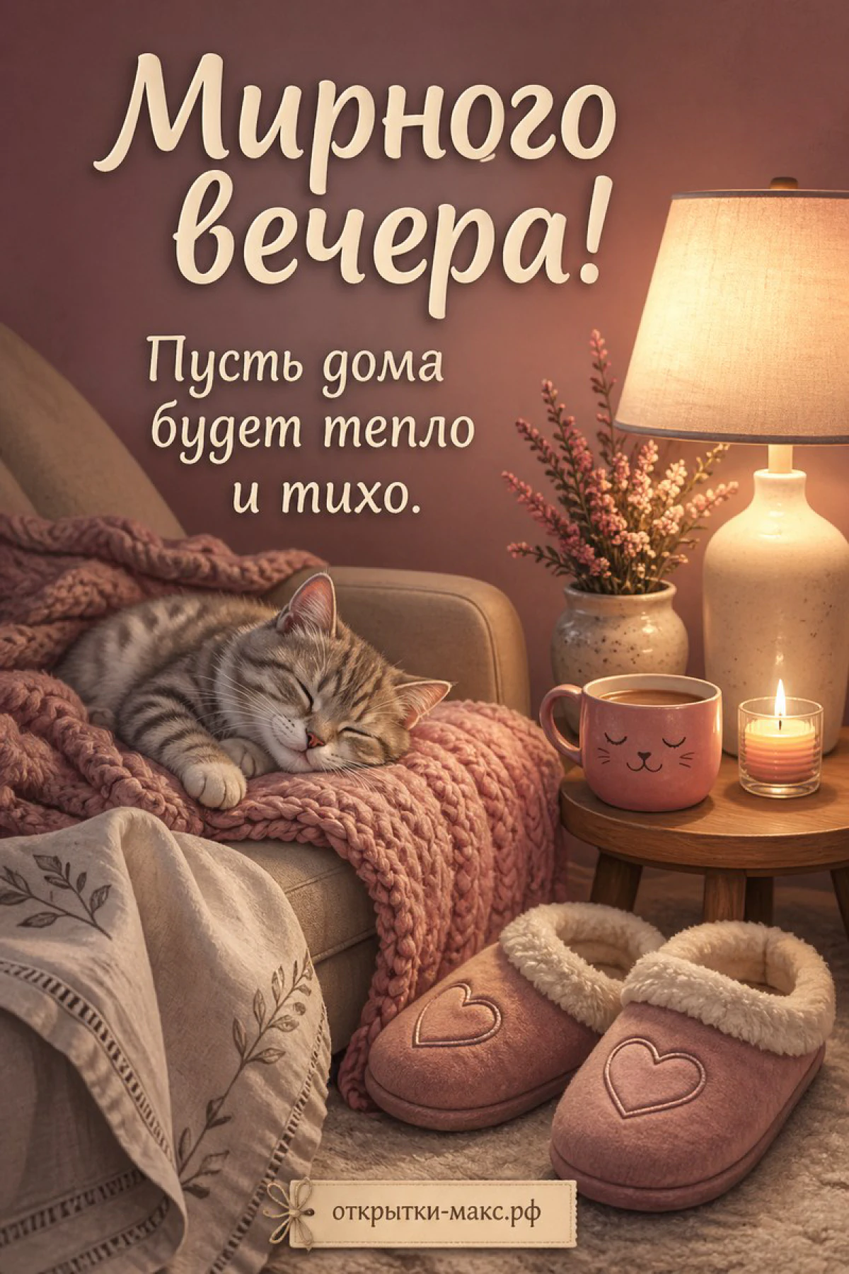 Серый котик, спящий в бежевом кресле на розовом пледе, рядом с розовыми тапочками с сердечком, кружкой, свечой и лампой с лавандой