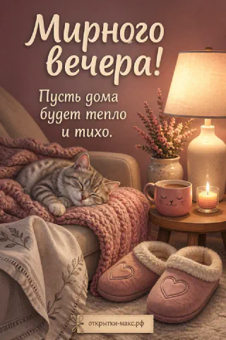 Серый котик, спящий в бежевом кресле на розовом пледе, рядом с розовыми тапочками с сердечком, кружкой, свечой и лампой с лавандой