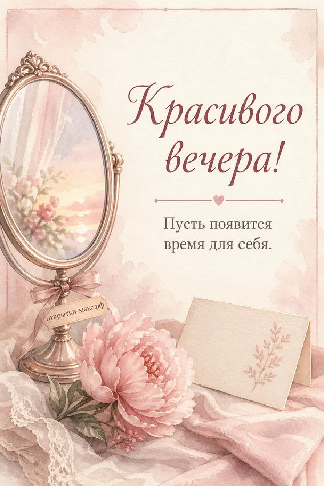 Розовое настольное зеркало отражает пышный розовый пион на туалетном столике с духами, жемчугом и нежным текстилем — вариант 7