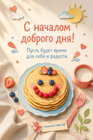 Стопка блинов с малиной, черникой и клубникой в форме смайлика с надписью «С началом доброго дня»
