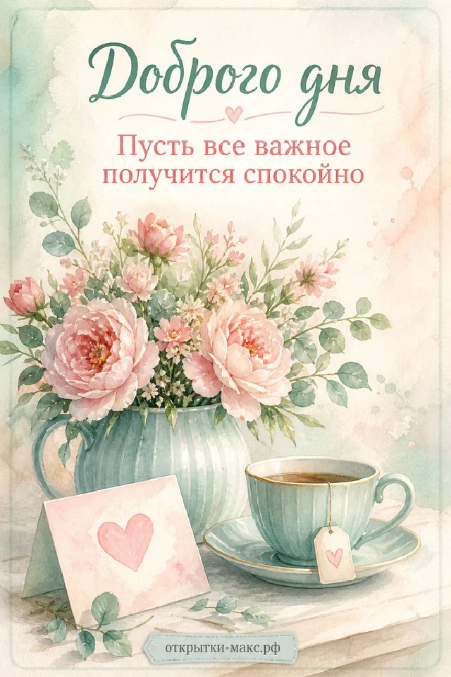 Акварельный букет розовых пионов в обёртке рядом с чашкой чая и конвертом с цветком на бежевом фоне, надпись Доброго дня — вариант 2