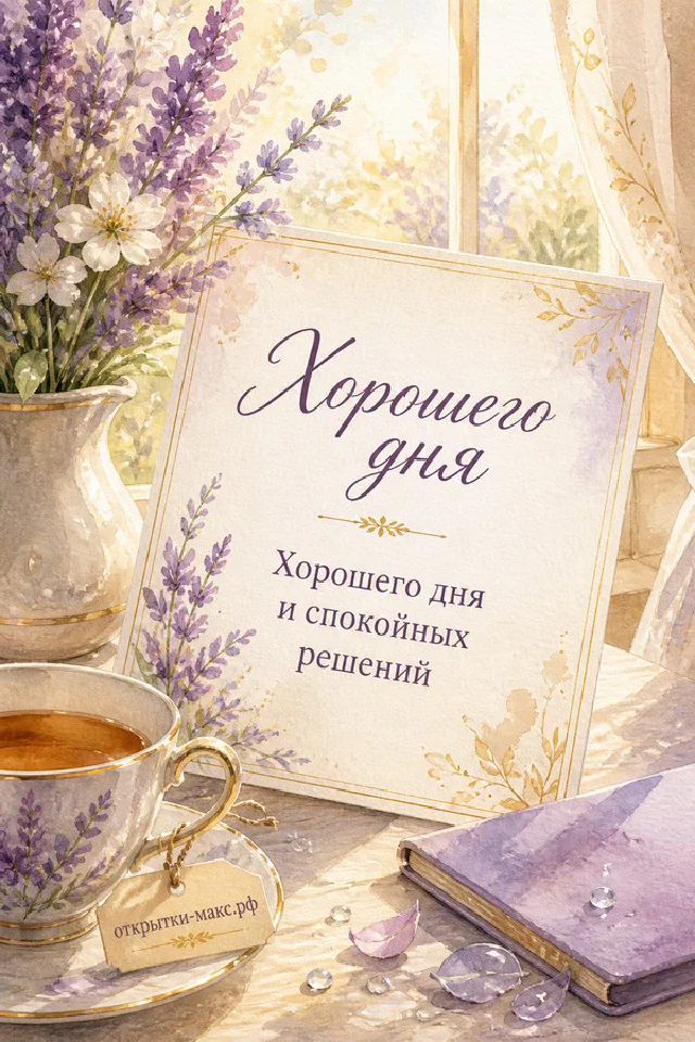 Чашка чая с листьями на подносе у окна рядом с карточкой Хорошего дня и ветками эвкалипта — вариант 2