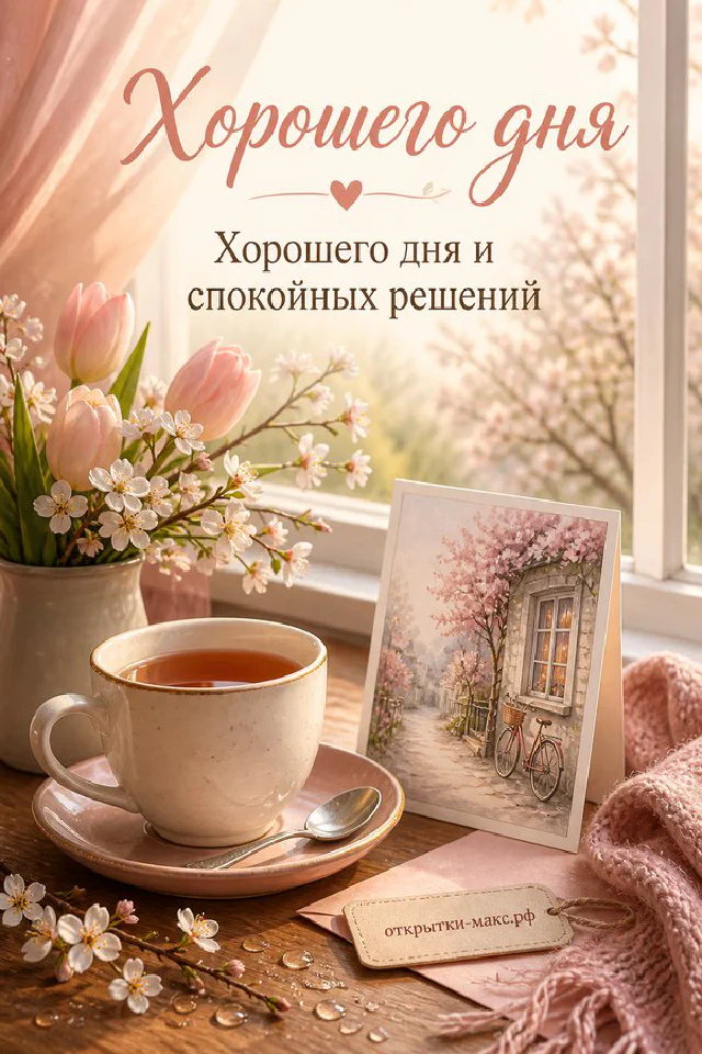 Чашка чая с листьями на подносе у окна рядом с карточкой Хорошего дня и ветками эвкалипта — вариант 3