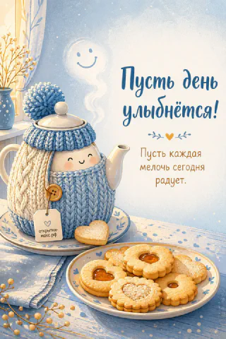 Голубой чайник в вязаной шапочке с надписью «Пусть день улыбнётся» и тарелкой печенья