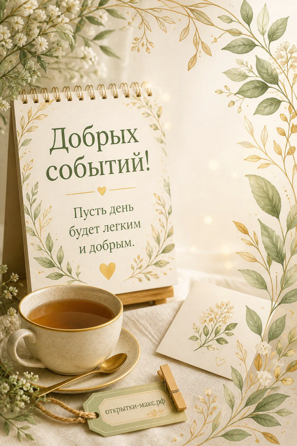 Чашка чая и блокнот с растительным узором на светлом фоне с надписью «Добрых событий! Пусть день будет лёгким и добрым»