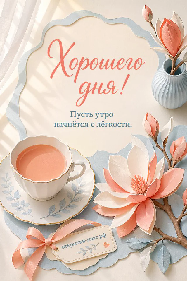 Чашка чая с лимоном и рабочие инструменты на деревянном столе с надписью Хорошего дня — вариант 4