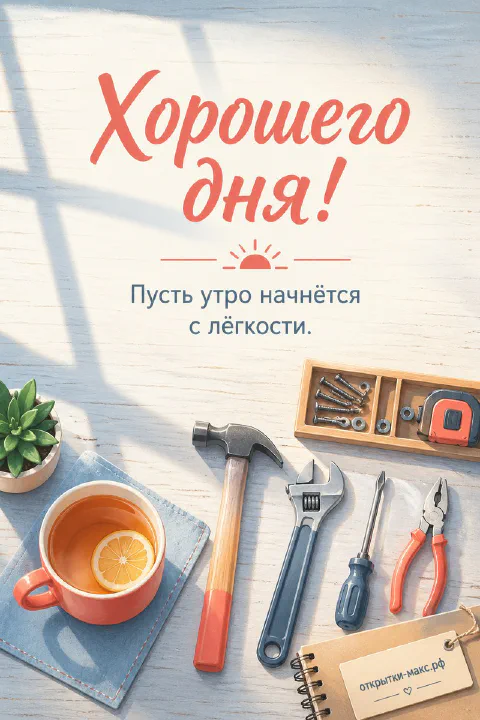 Чашка чая с лимоном и рабочие инструменты на деревянном столе с надписью Хорошего дня