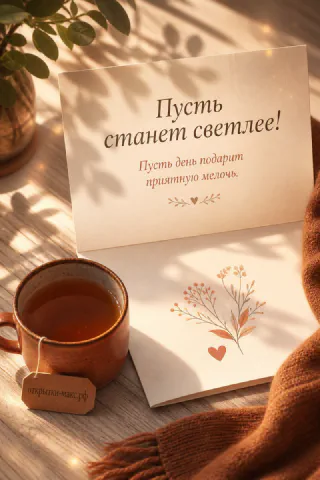 Чашка чая рядом с открытой книгой на солнечном столе с надписью «Пусть станет светлее»