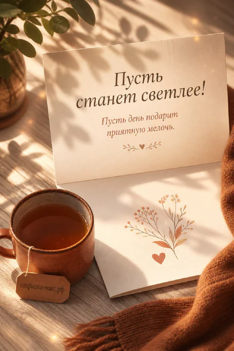 Чашка чая рядом с открытой книгой на солнечном столе с надписью «Пусть станет светлее»