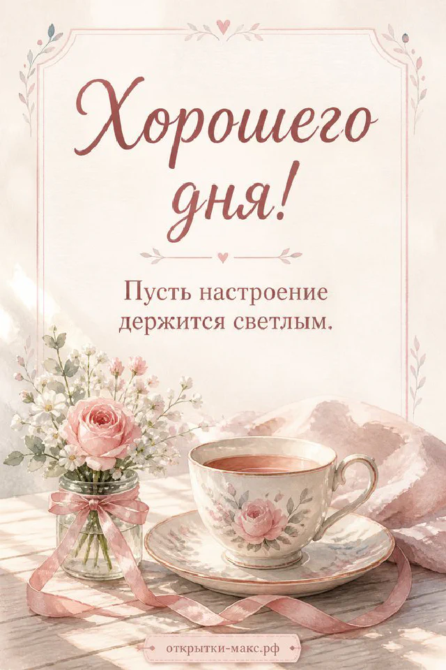 Акварельная открытка с чашкой чая на блюдце и букетом розовых роз, надпись «Хорошего дня!» — вариант 2