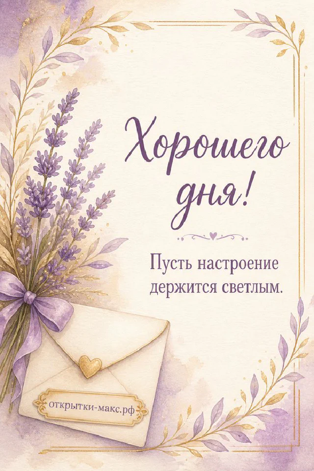 Акварельная открытка с чашкой чая на блюдце и букетом розовых роз, надпись «Хорошего дня!» — вариант 3