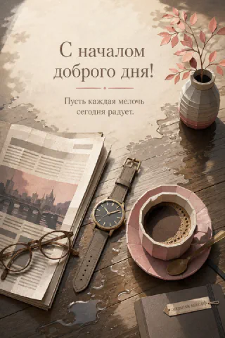 Наручные часы, очки и кофейная чашка на деревянном столе с газетой и вазой с надписью «С началом доброго дня»