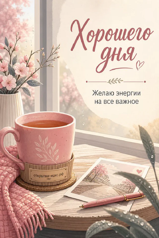 Открытка с голубой чашкой чая и желтыми ветвями мимозы на светлом подоконнике у окна — вариант 2