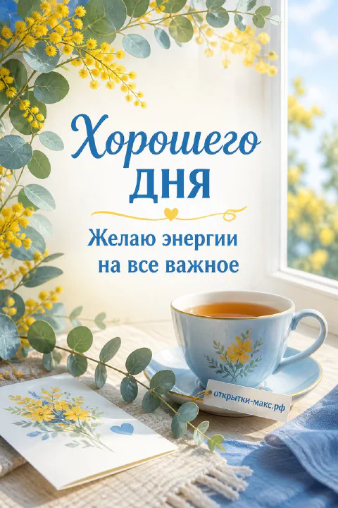 Открытка с голубой чашкой чая и желтыми ветвями мимозы на светлом подоконнике у окна