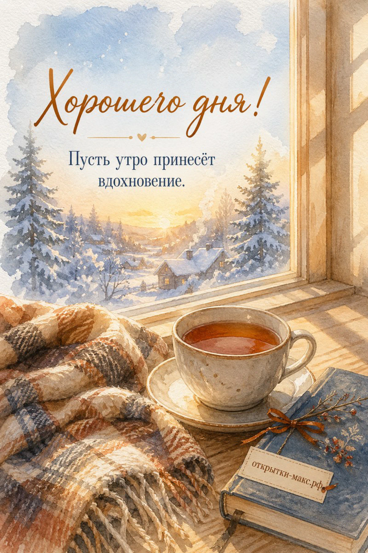 Чашка чая на зимнем подоконнике рядом с книгой и клетчатым пледом, за окном заснеженный лес, надпись «Хорошего дня!»