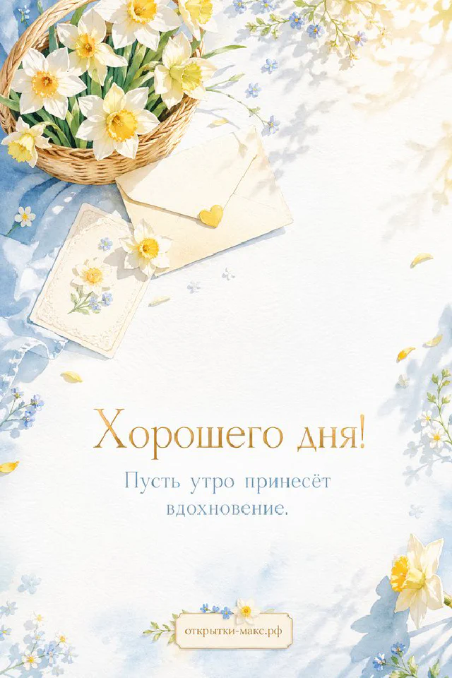 Чашка чая на зимнем подоконнике рядом с книгой и клетчатым пледом, за окном заснеженный лес, надпись «Хорошего дня!» — вариант 3