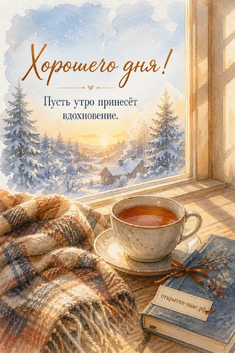 Чашка чая на зимнем подоконнике рядом с книгой и клетчатым пледом, за окном заснеженный лес, надпись «Хорошего дня!»