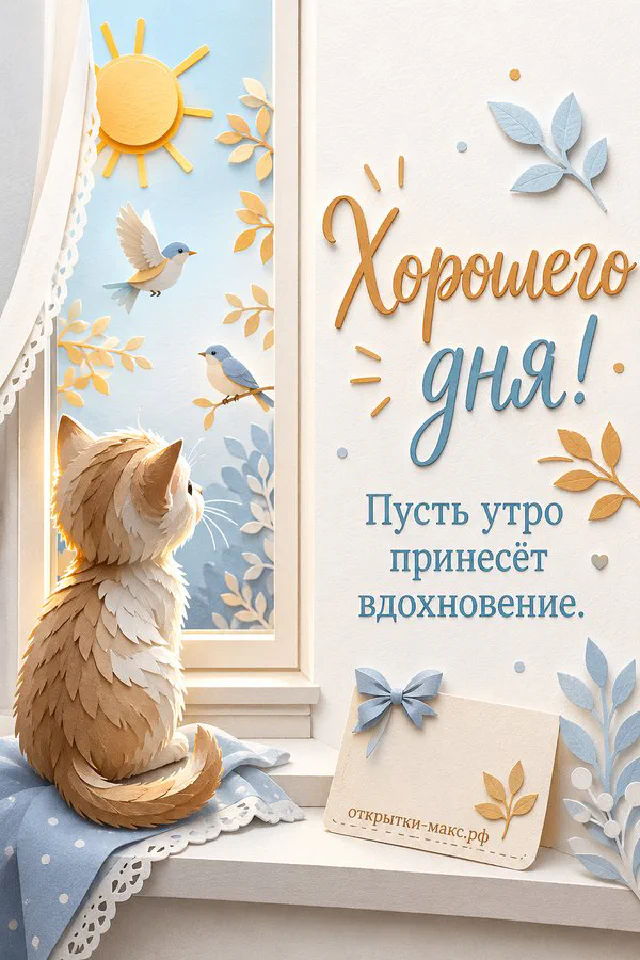Чашка чая на зимнем подоконнике рядом с книгой и клетчатым пледом, за окном заснеженный лес, надпись «Хорошего дня!» — вариант 2