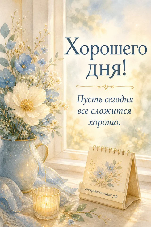 Голубая акварельная открытка с чашкой чая на подносе, свечой и блокнотом на окне, надпись «Хорошего дня!» — вариант 2