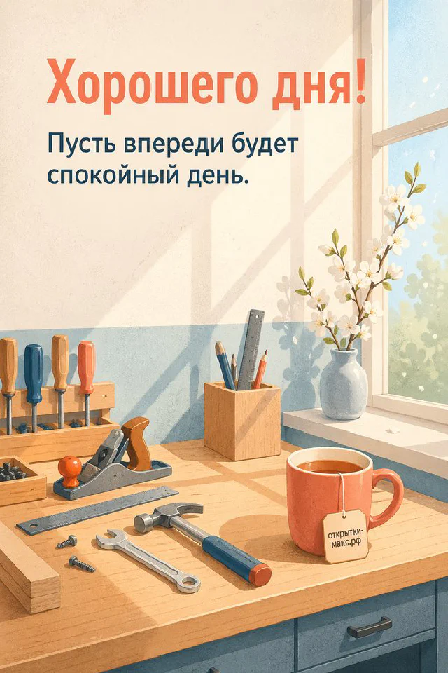 Открытка с розовой чашкой чая, конвертом и цветущими розовыми ветвями у заснеженного окна с видом на зимний сад — вариант 2