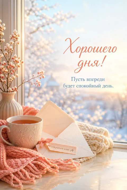 Открытка с розовой чашкой чая, конвертом и цветущими розовыми ветвями у заснеженного окна с видом на зимний сад
